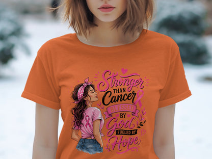 T-shirt graphic with woman and text "Stronger than Cancer Blessed by God Fueled by Hope"