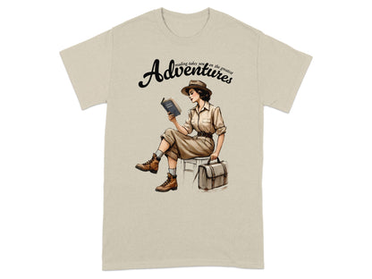 T-shirt graphic with woman reading and "Adventures" text.
