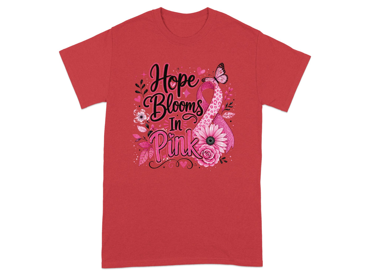 Red t-shirt with "Hope Blooms In Pink" text and breast cancer ribbon design.