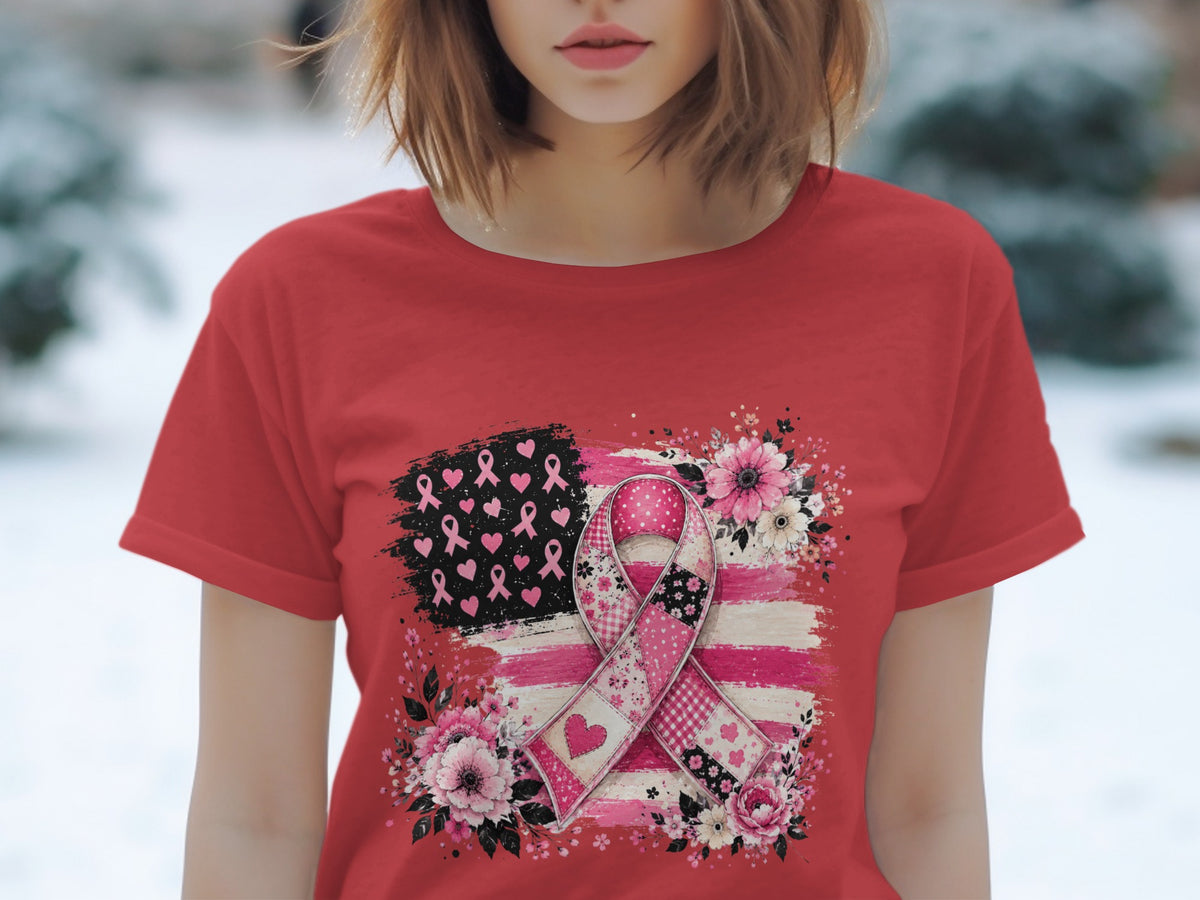 Red t-shirt with pink ribbon, flowers, and distressed American flag graphic.