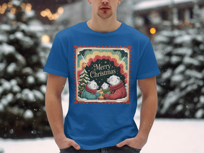 Blue t-shirt with "Merry Christmas" stamp featuring polar bears and a Christmas tree.