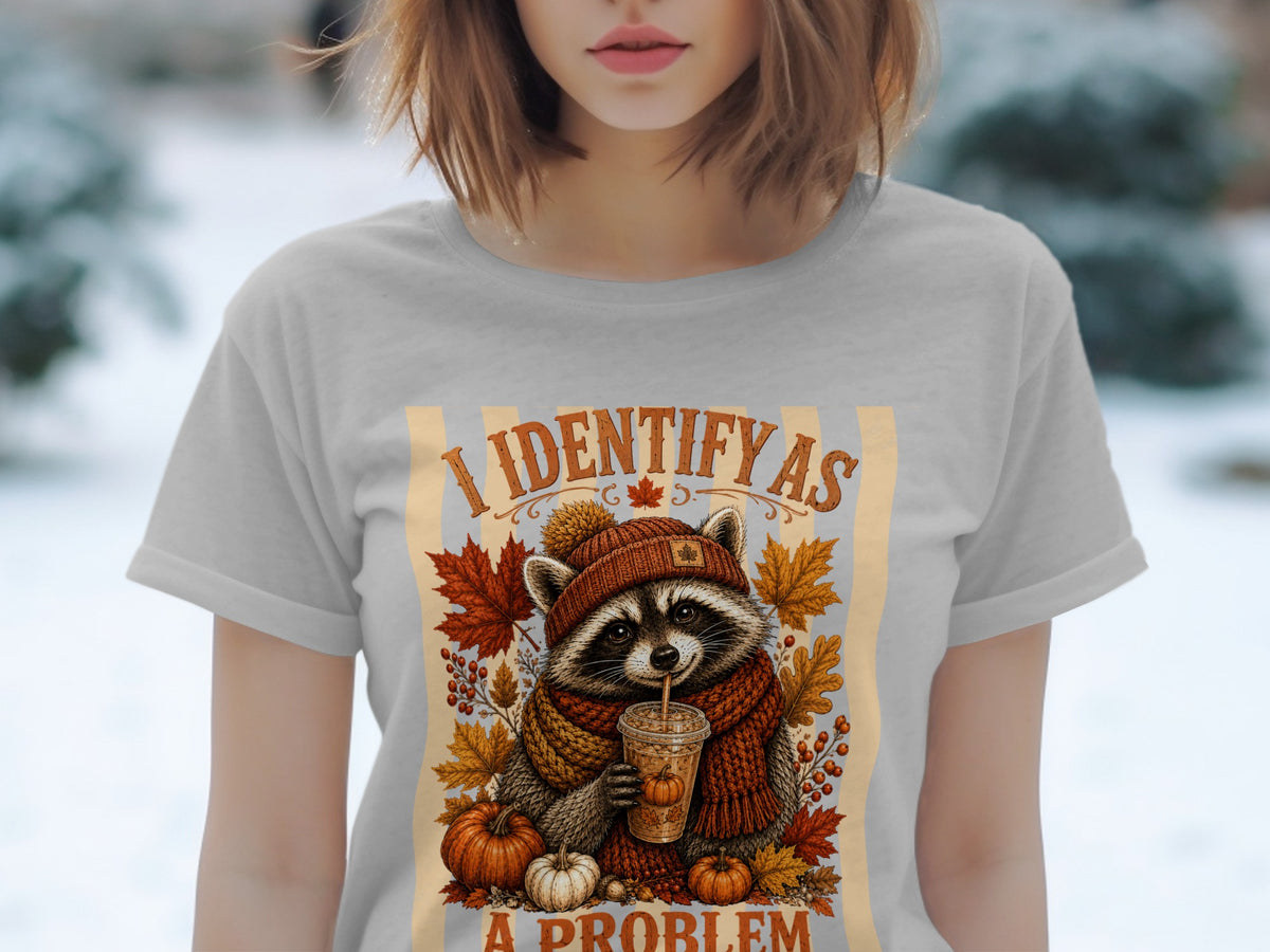 T-shirt graphic: raccoon with hat and scarf holding drink, surrounded by pumpkins and leaves. Text reads "I IDENTIFY AS A PROBLEM".