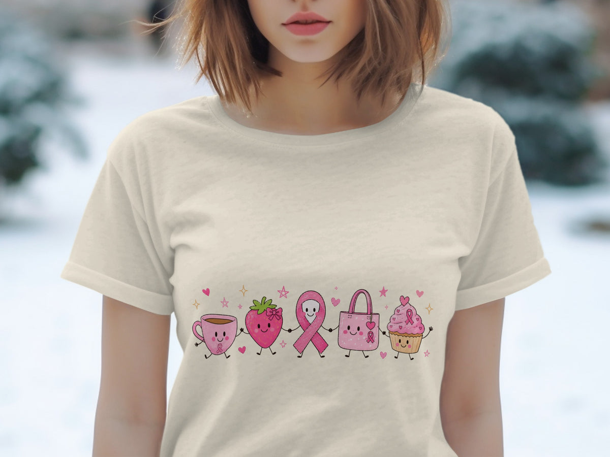 Cream t-shirt with cartoon pink coffee cup, strawberry, ribbon, bag, and cupcake.