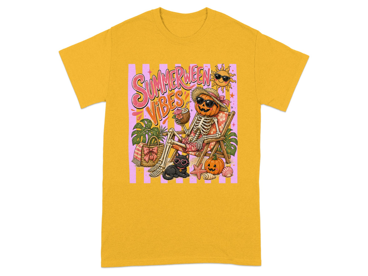Skeleton pumpkin on beach chair with "Summerween Vibes" text and beach items.