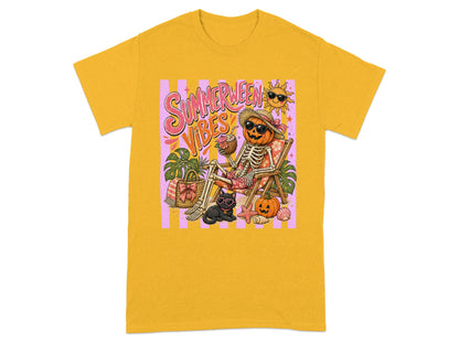 Skeleton pumpkin on beach chair with "Summerween Vibes" text and beach items.