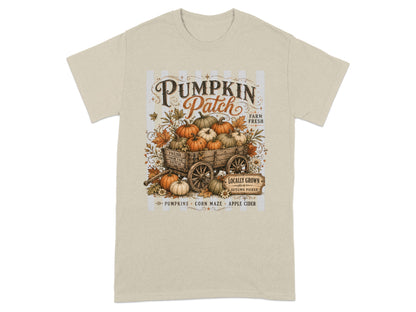 Pumpkin Patch design with a wagon of pumpkins, "Farm Fresh," and "Locally Grown" text.