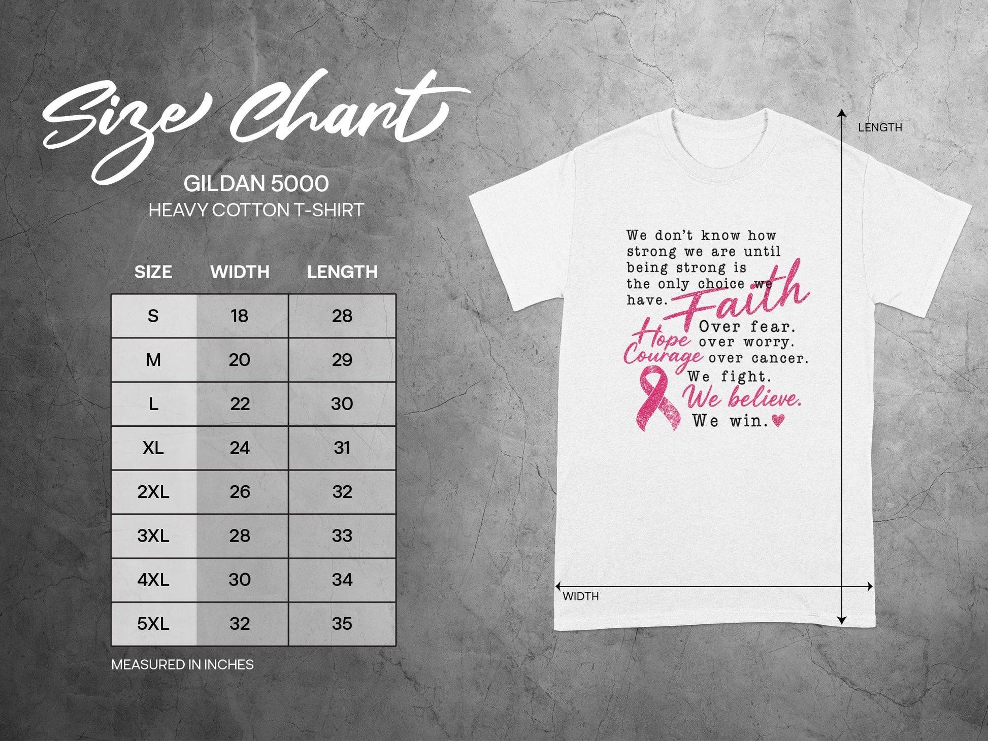 Gildan 5000 t-shirt size chart with width and length measurements in inches.