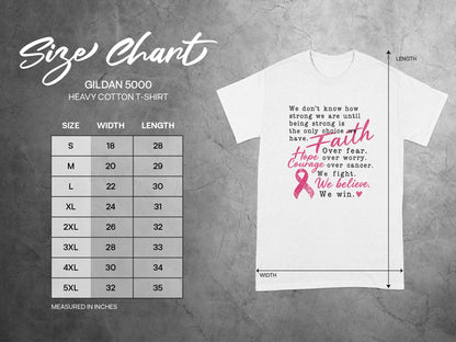 Gildan 5000 t-shirt size chart with width and length measurements in inches.