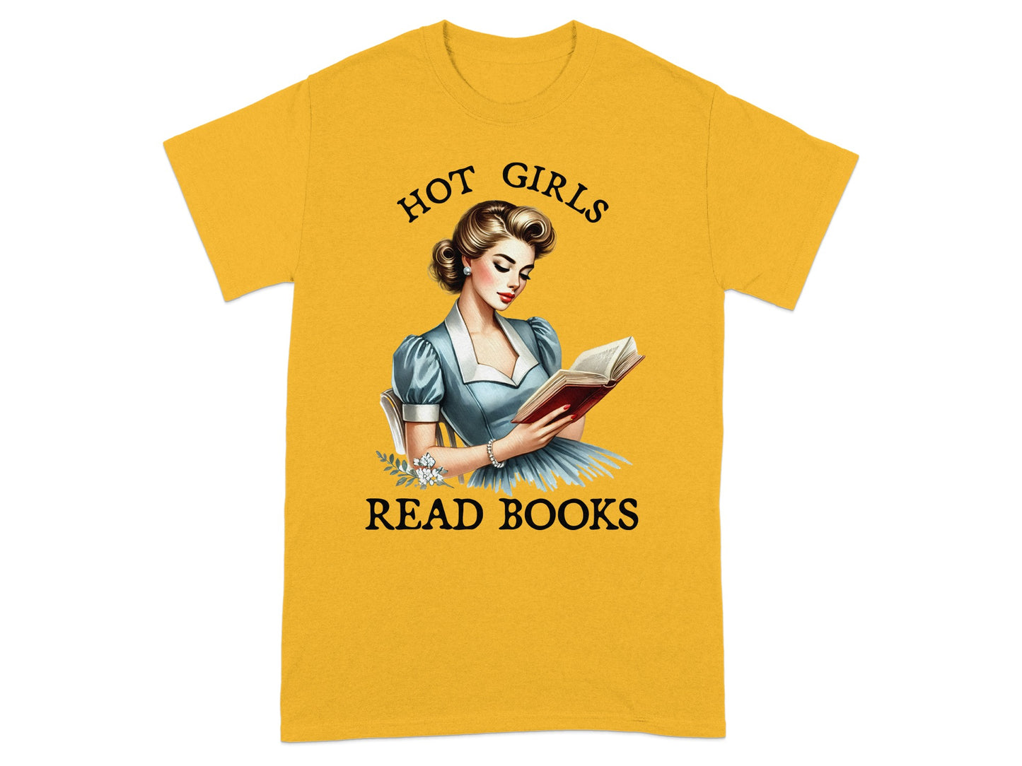 Yellow t-shirt with illustration of woman reading and text "HOT GIRLS READ BOOKS".