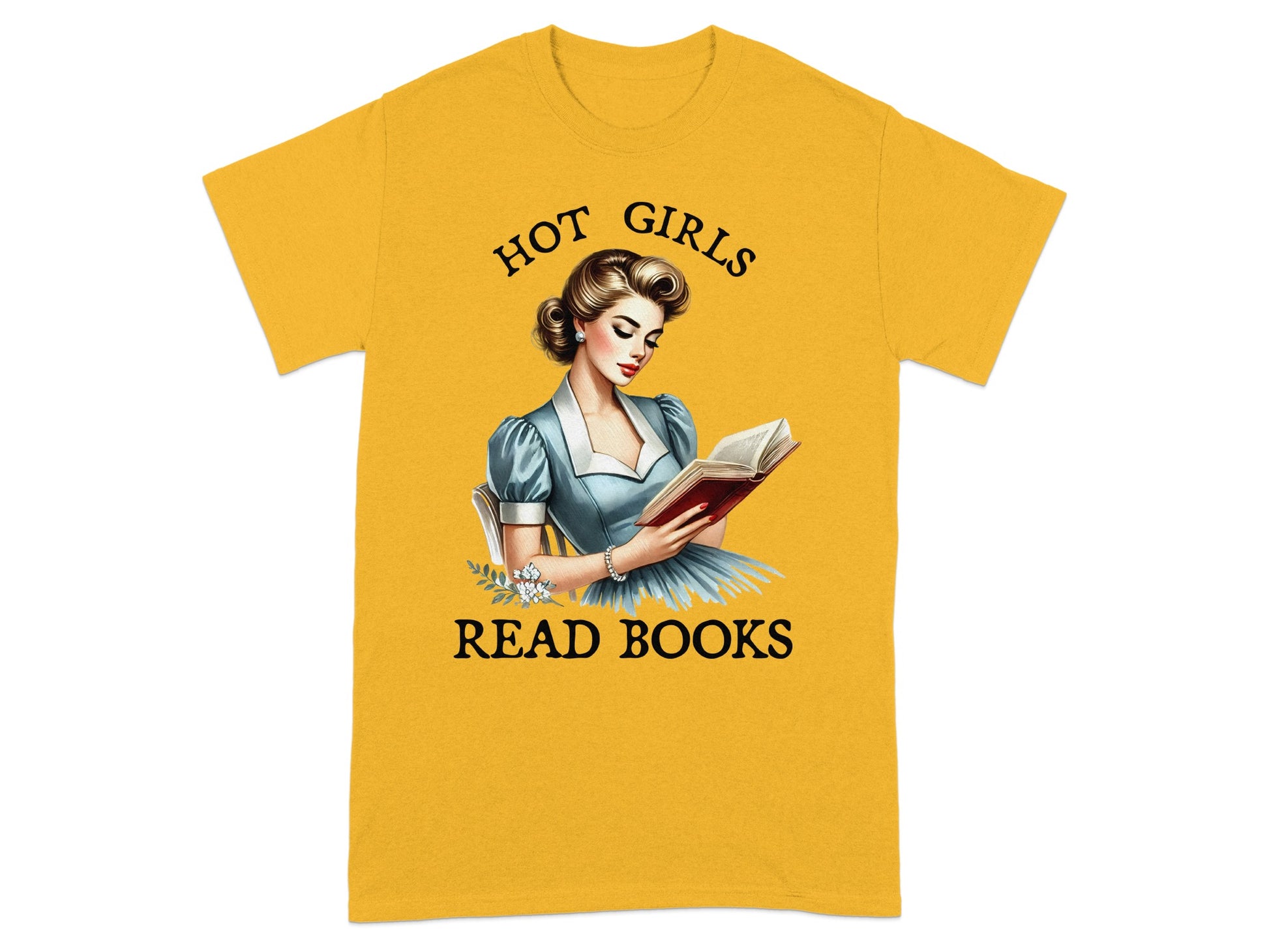 Yellow t-shirt with illustration of woman reading and text "HOT GIRLS READ BOOKS".