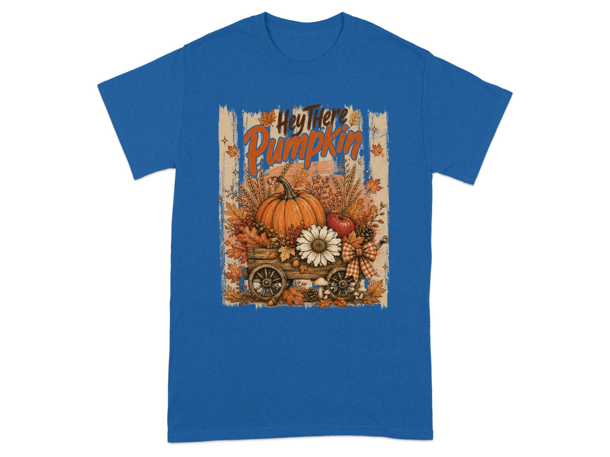 Autumn wagon with pumpkin and flowers, text "Hey There Pumpkin".