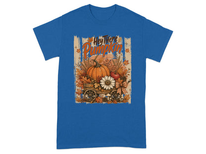 Autumn wagon with pumpkin and flowers, text "Hey There Pumpkin".