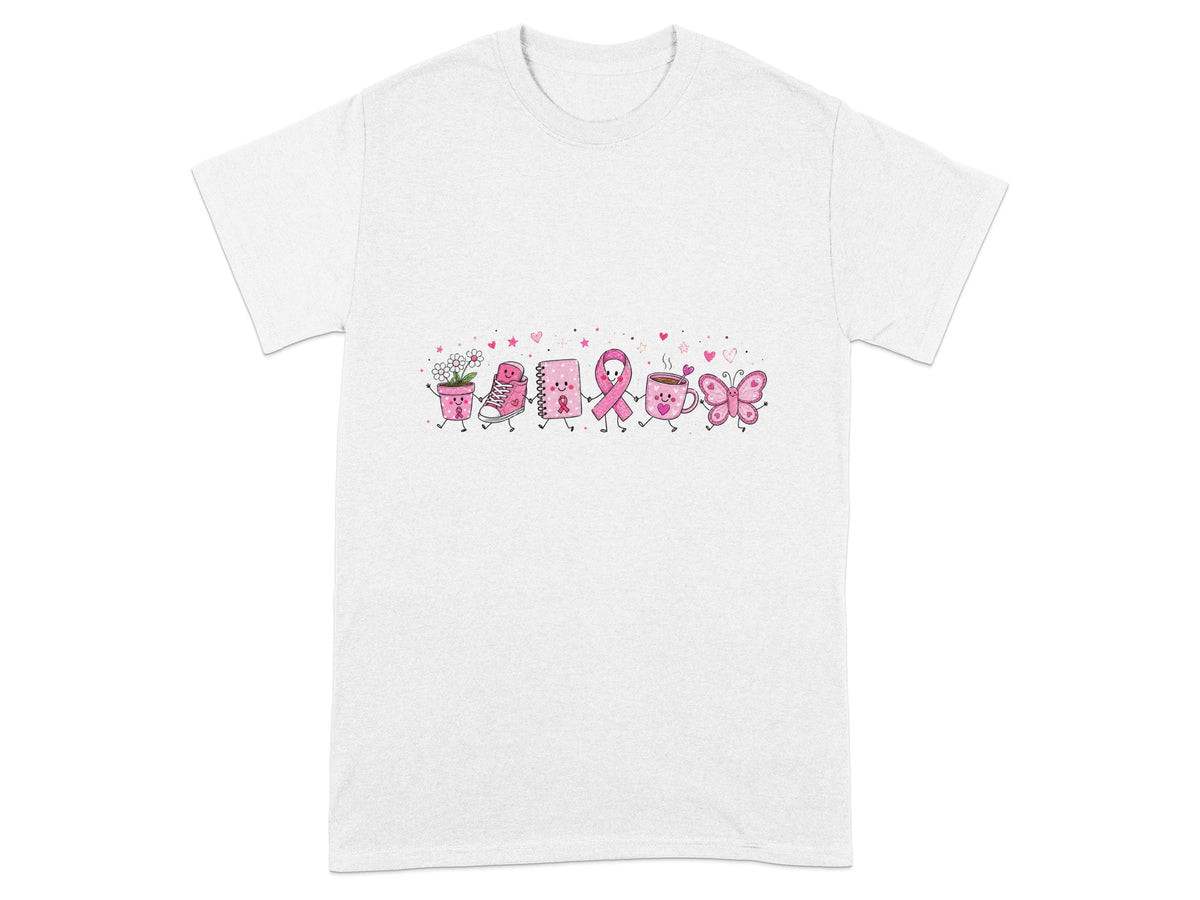 White t-shirt with cartoon breast cancer awareness symbols: flower pot, sneaker, notebook, ribbon, coffee cup, butterfly.