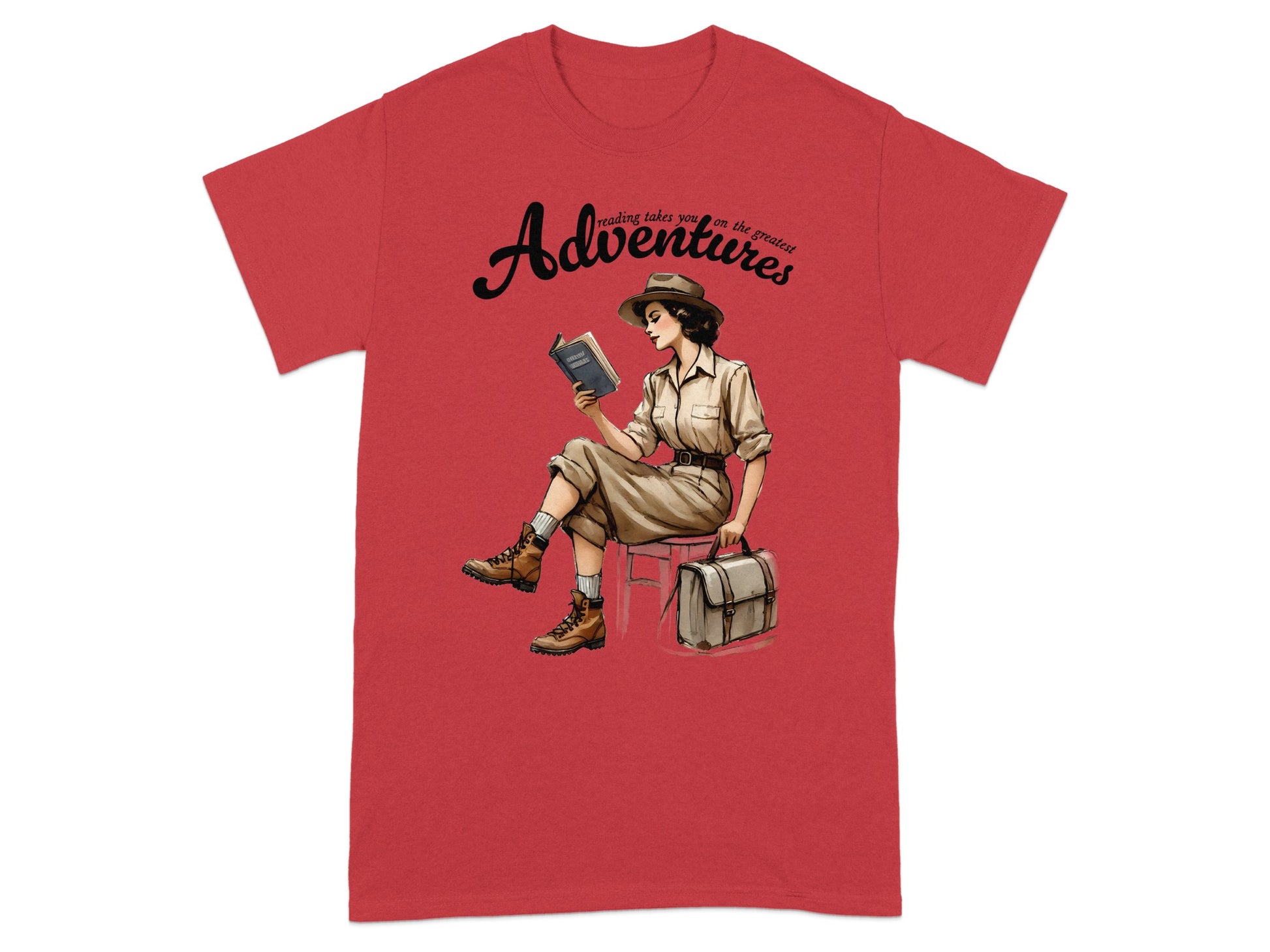 Red t-shirt with "Adventures reading takes you on the greatest" and a woman reading a book.