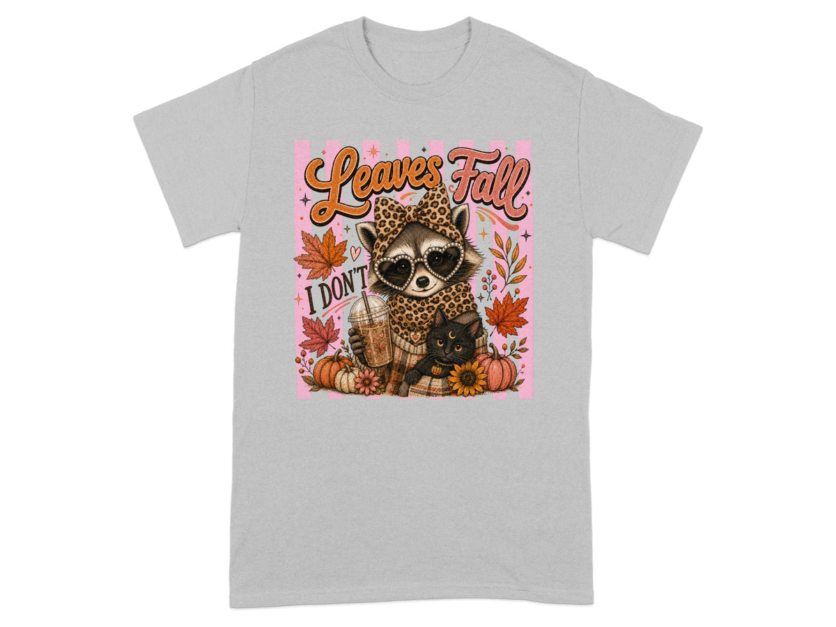 Raccoon with leopard print bandana, heart sunglasses, and coffee next to black cat and pumpkins.