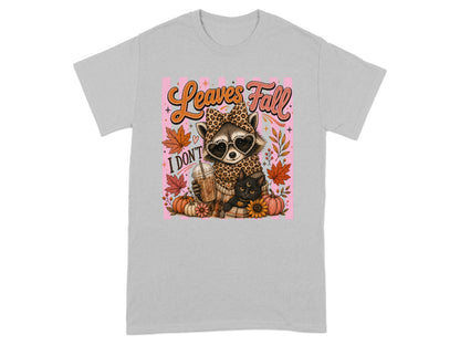 Raccoon with leopard print bandana, heart sunglasses, and coffee next to black cat and pumpkins.