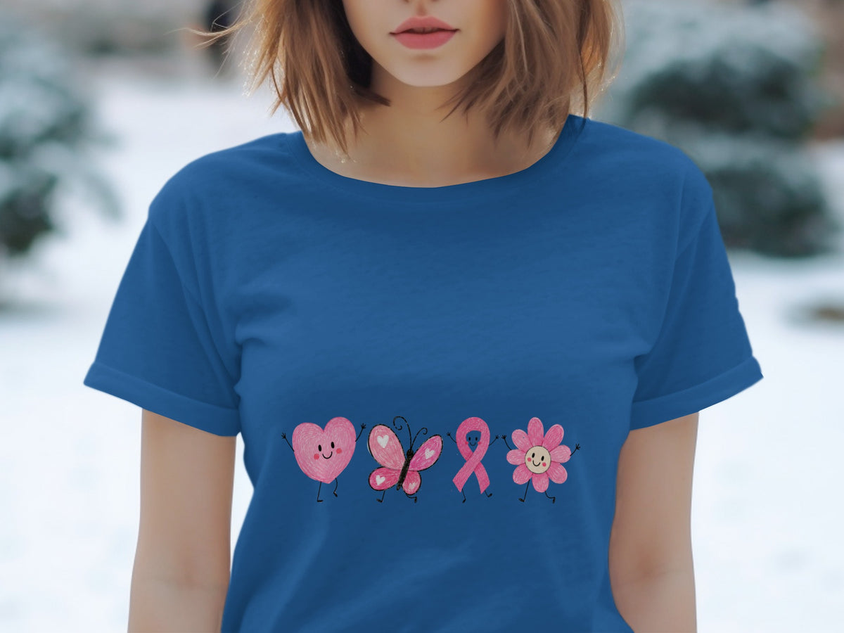 Blue t-shirt with pink heart, butterfly, ribbon, and flower graphics.