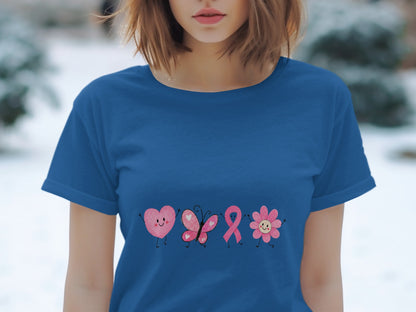 Blue t-shirt with pink heart, butterfly, ribbon, and flower graphics.