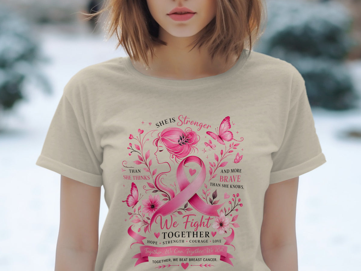 T-shirt with pink breast cancer ribbon, floral design, and empowering text.