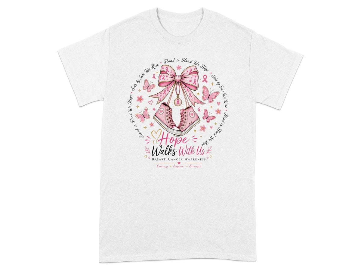 Pink sneakers, bow, and butterflies with text "Hope Walks With Us" for breast cancer awareness.