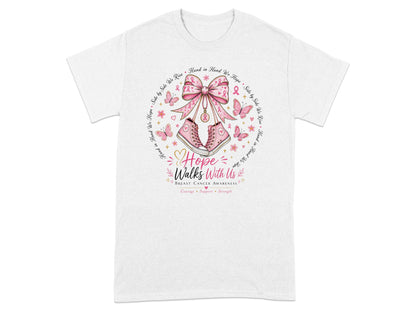 Pink sneakers, bow, and butterflies with text "Hope Walks With Us" for breast cancer awareness.