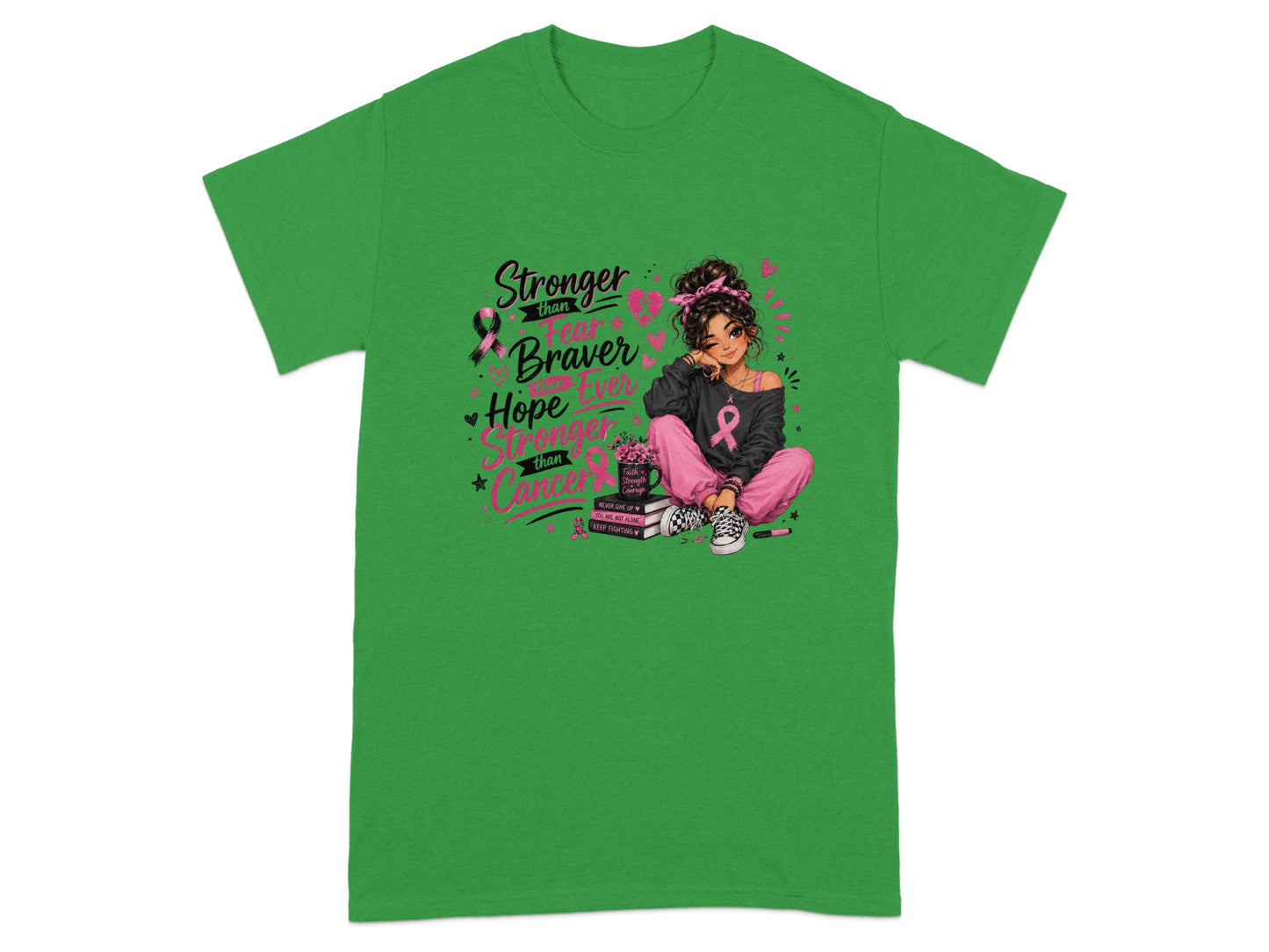 Girl with pink ribbon on green t-shirt, "Stronger than Cancer" text.