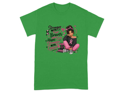 Girl with pink ribbon on green t-shirt, "Stronger than Cancer" text.