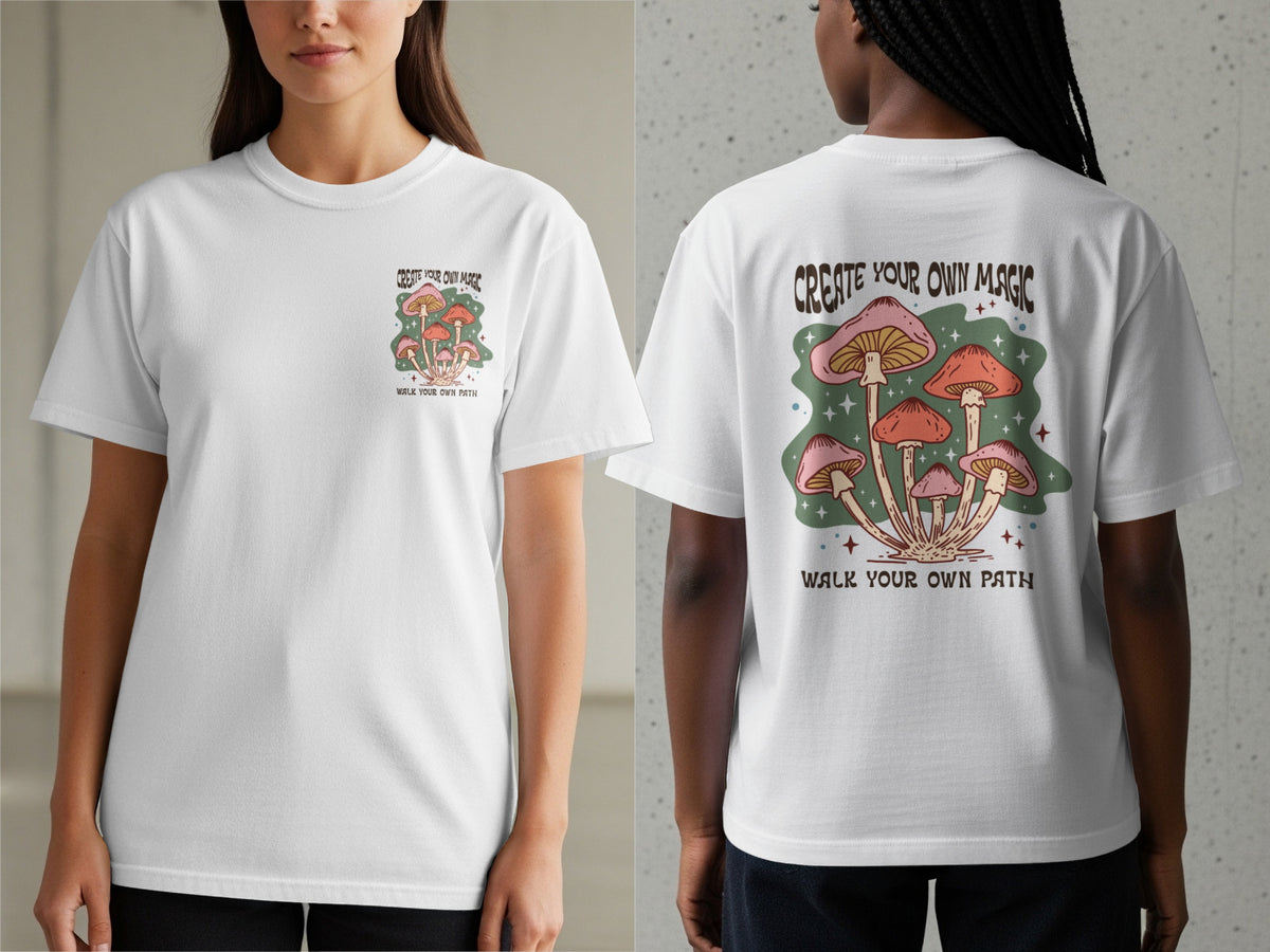 White t-shirt with "Create Your Own Magic" and mushroom graphic.