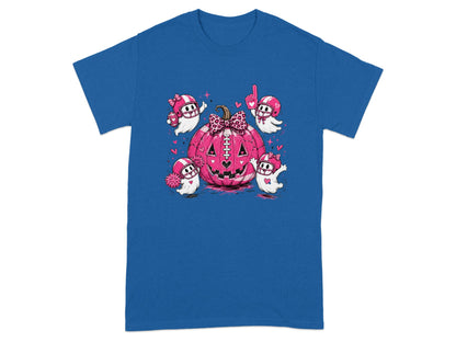 Pink pumpkin with football-themed ghosts on a blue t-shirt.