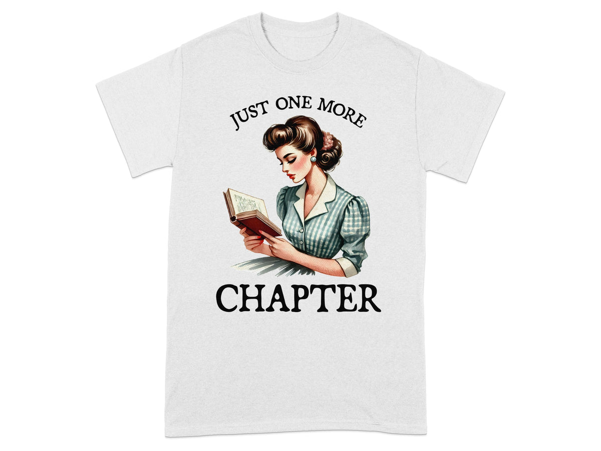 T-shirt with vintage illustration of a woman reading a book and text "Just One More Chapter".
