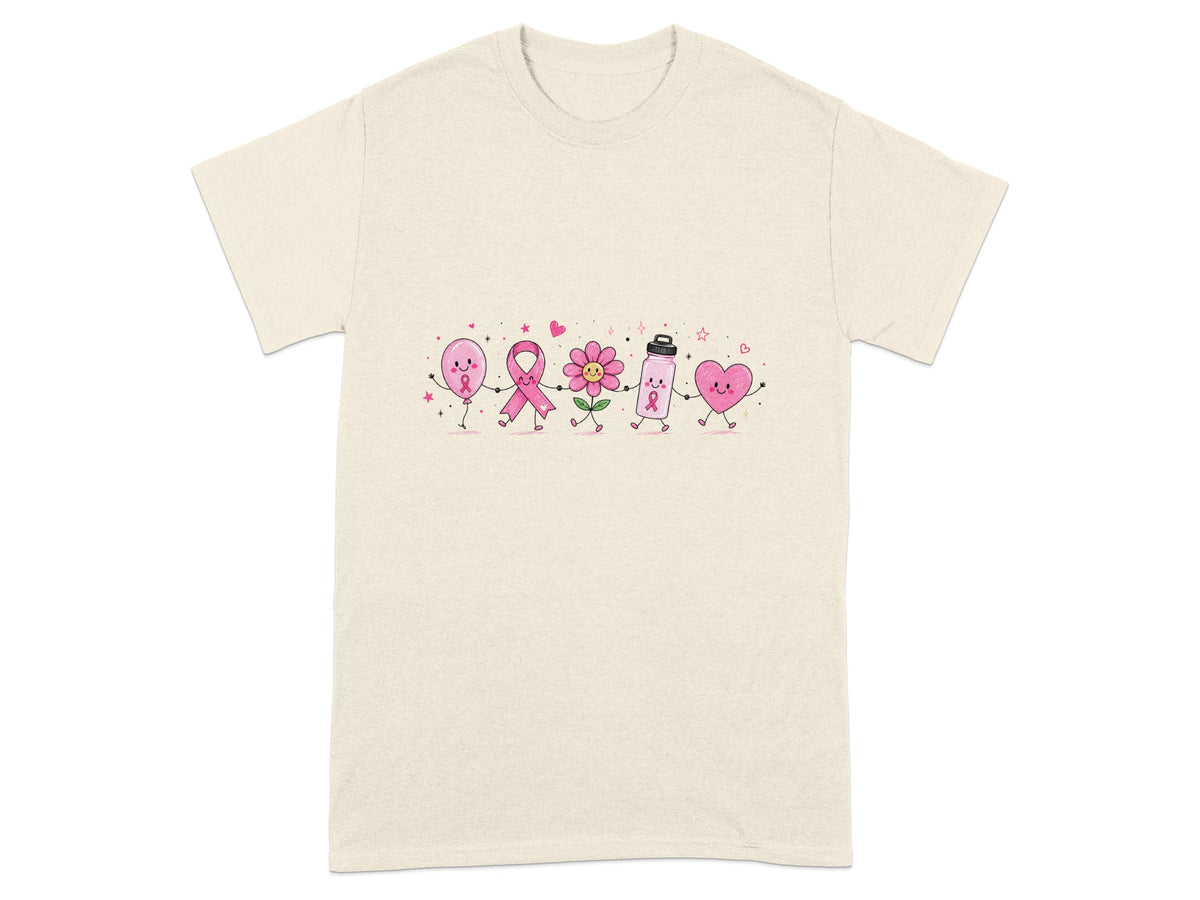 Pink ribbon characters including a balloon, ribbon, flower, water bottle, and heart holding hands.