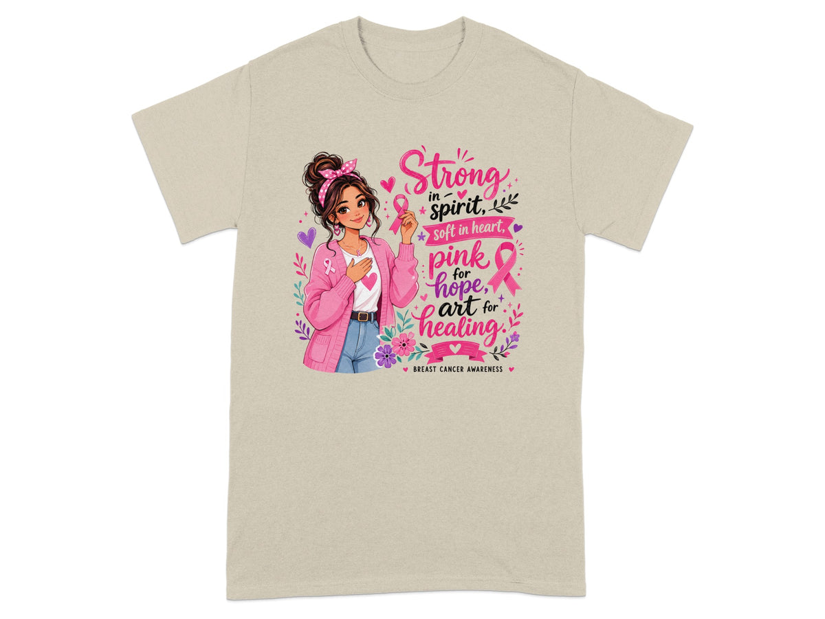 Girl holding pink ribbon with text "Strong in spirit, soft in heart, pink for hope, art for healing".
