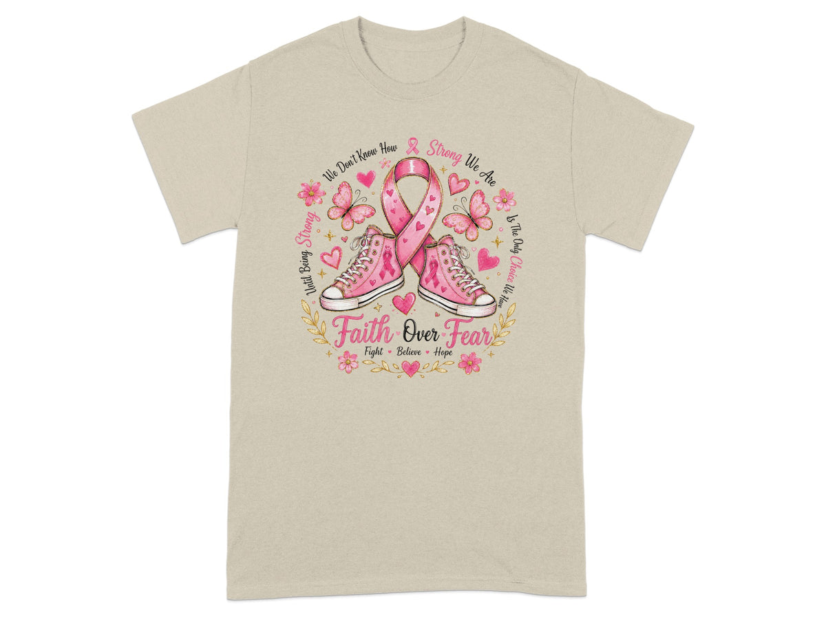 Faith Over Fear t-shirt with pink sneakers, ribbon, butterflies, and floral accents.