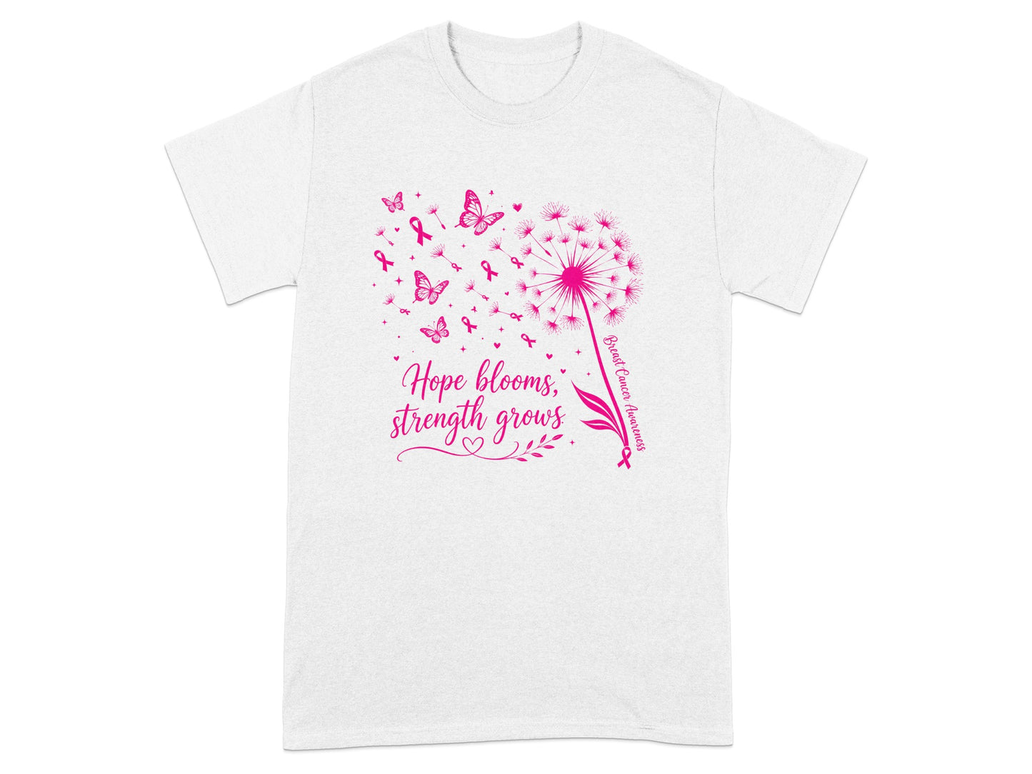 Pink dandelion with butterflies and ribbons, text "Hope blooms, strength grows".