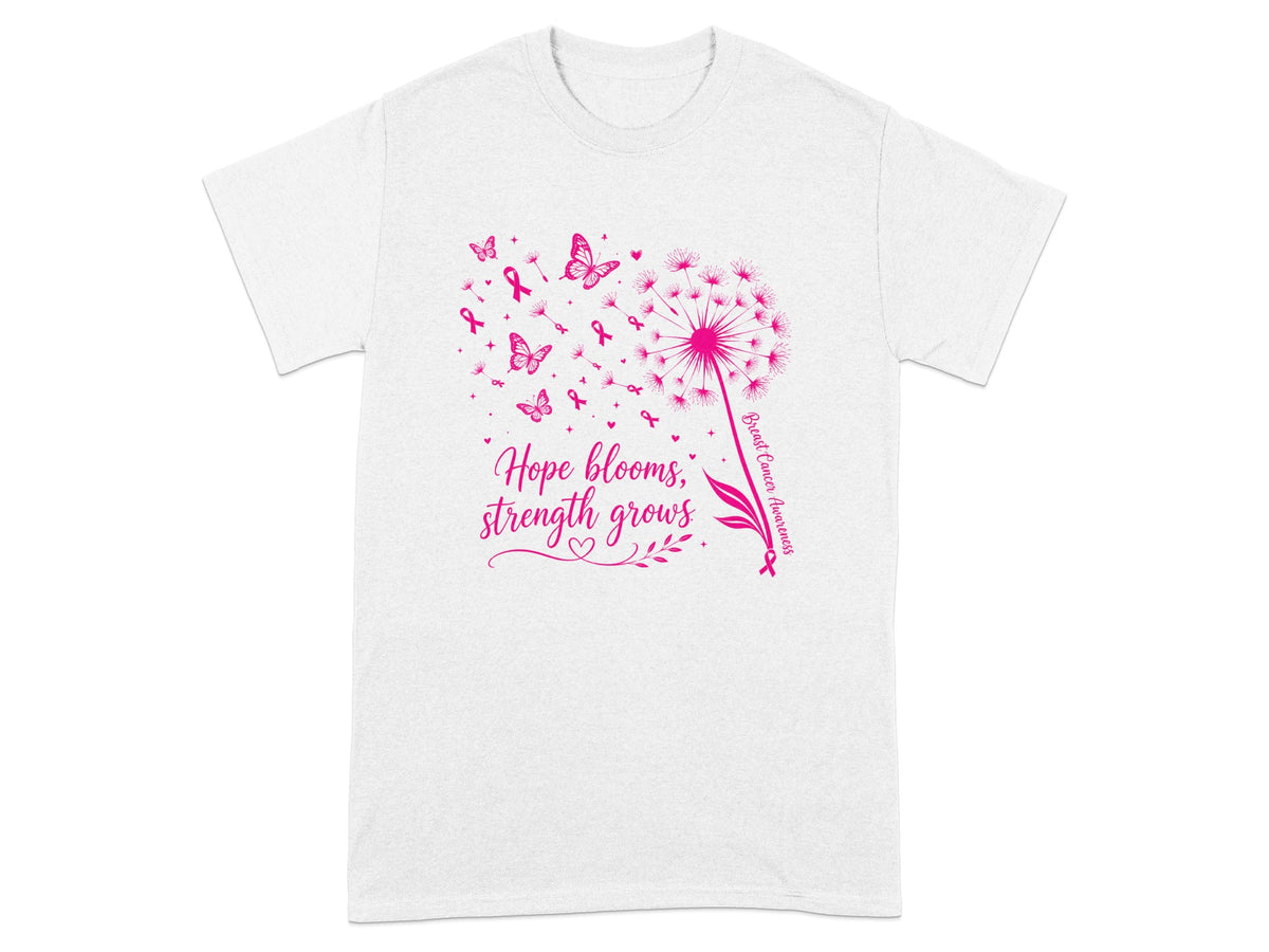 Pink dandelion with butterflies and ribbons, text "Hope blooms, strength grows".