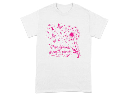 Pink dandelion with butterflies and ribbons, text "Hope blooms, strength grows".