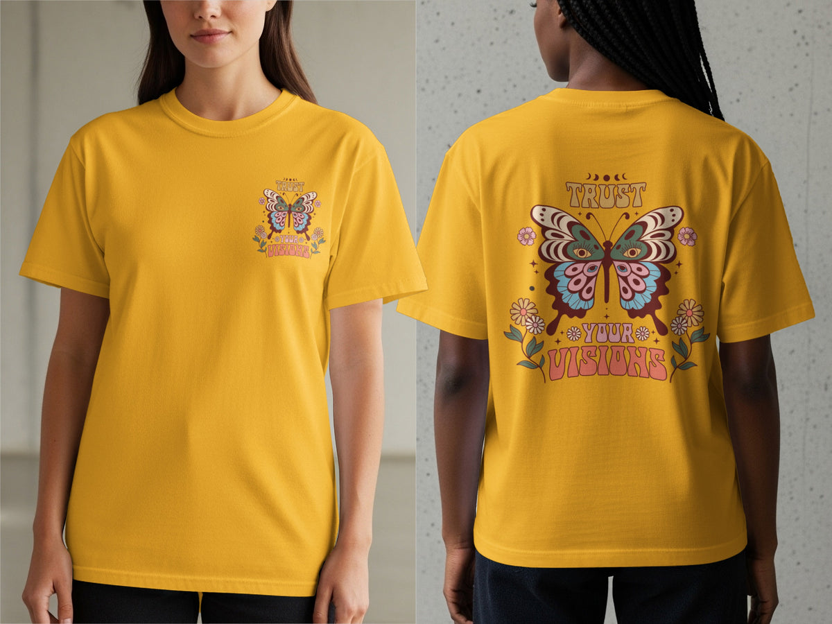 Yellow t-shirt with butterfly graphic and text "Trust Your Visions" on back.
