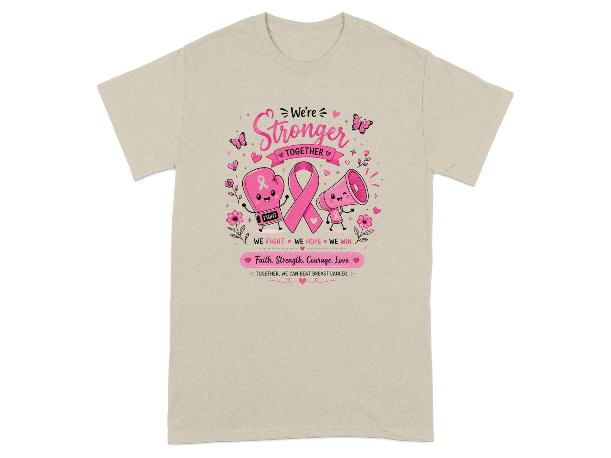T-shirt with breast cancer awareness graphic: "We're Stronger Together" with ribbon, boxing glove, and megaphone.
