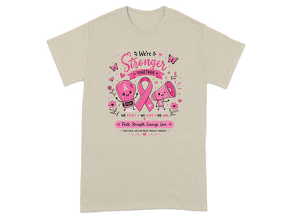 T-shirt with breast cancer awareness graphic: "We're Stronger Together" with ribbon, boxing glove, and megaphone.