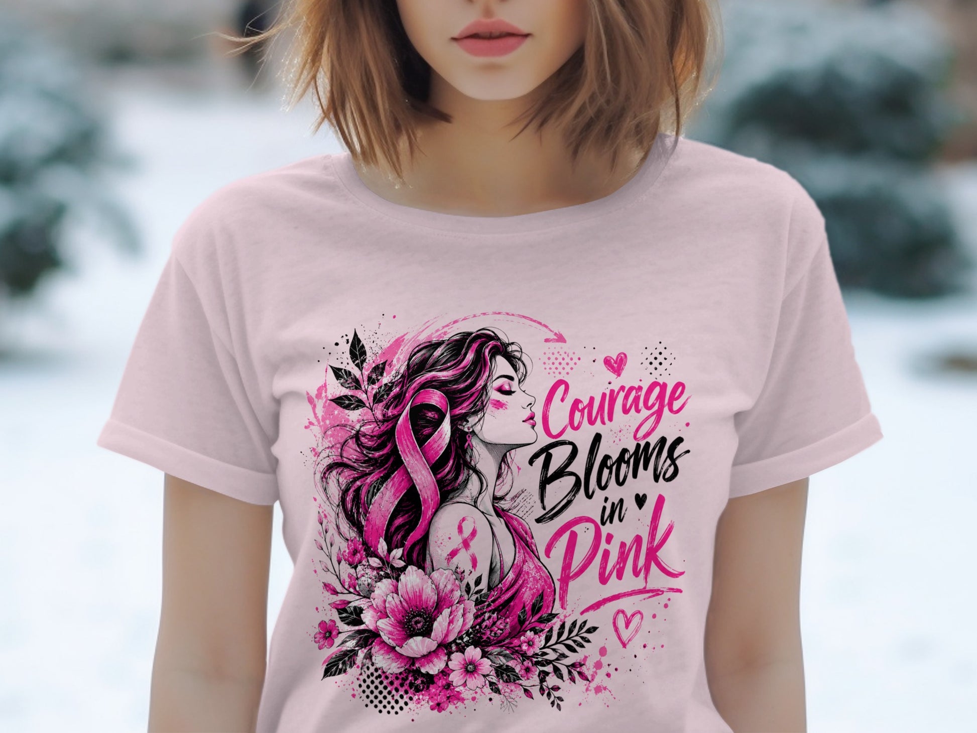 Pink t-shirt with graphic of woman, pink ribbon, and text "Courage Blooms in Pink".
