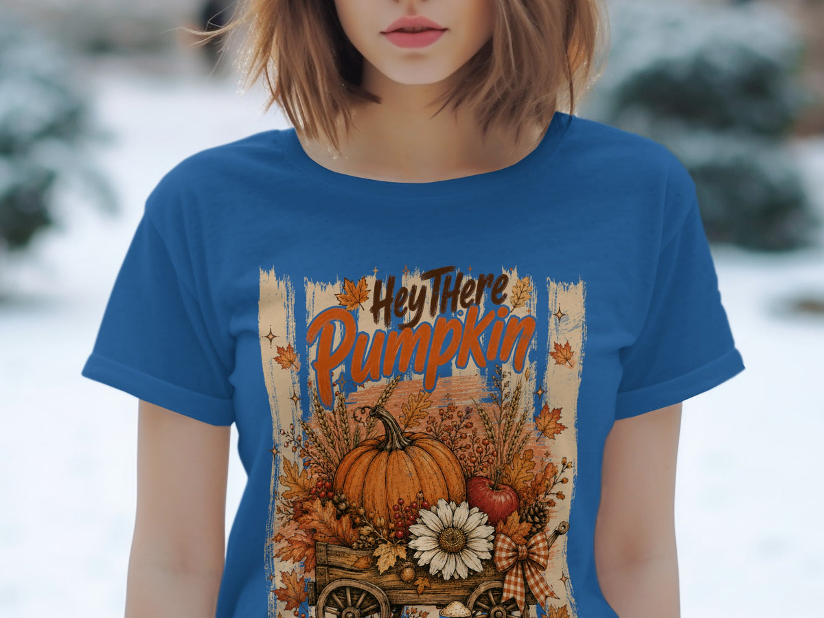 Blue t-shirt with "Hey There Pumpkin" text and a harvest wagon illustration.