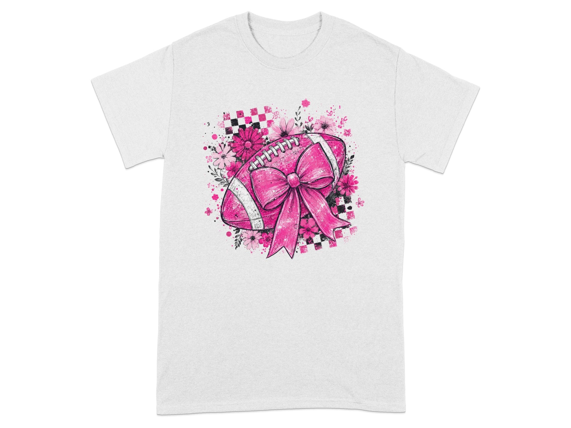 Pink football with bow and flowers against checkered background on a white t-shirt.