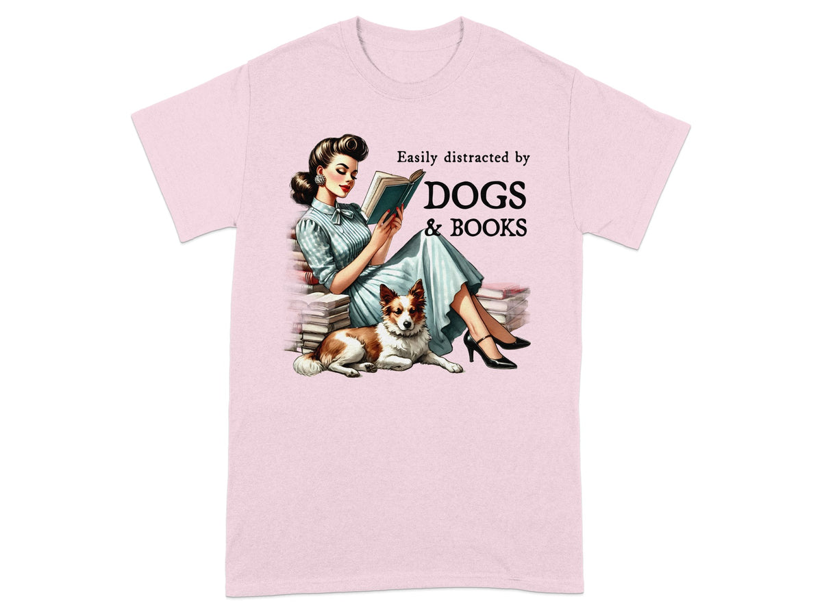 Woman reading book with dog and text "Easily distracted by DOGS & BOOKS"