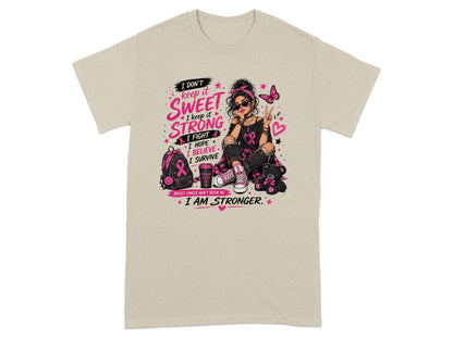 Graphic with text "I keep it SWEET I keep it STRONG" and breast cancer awareness themes.