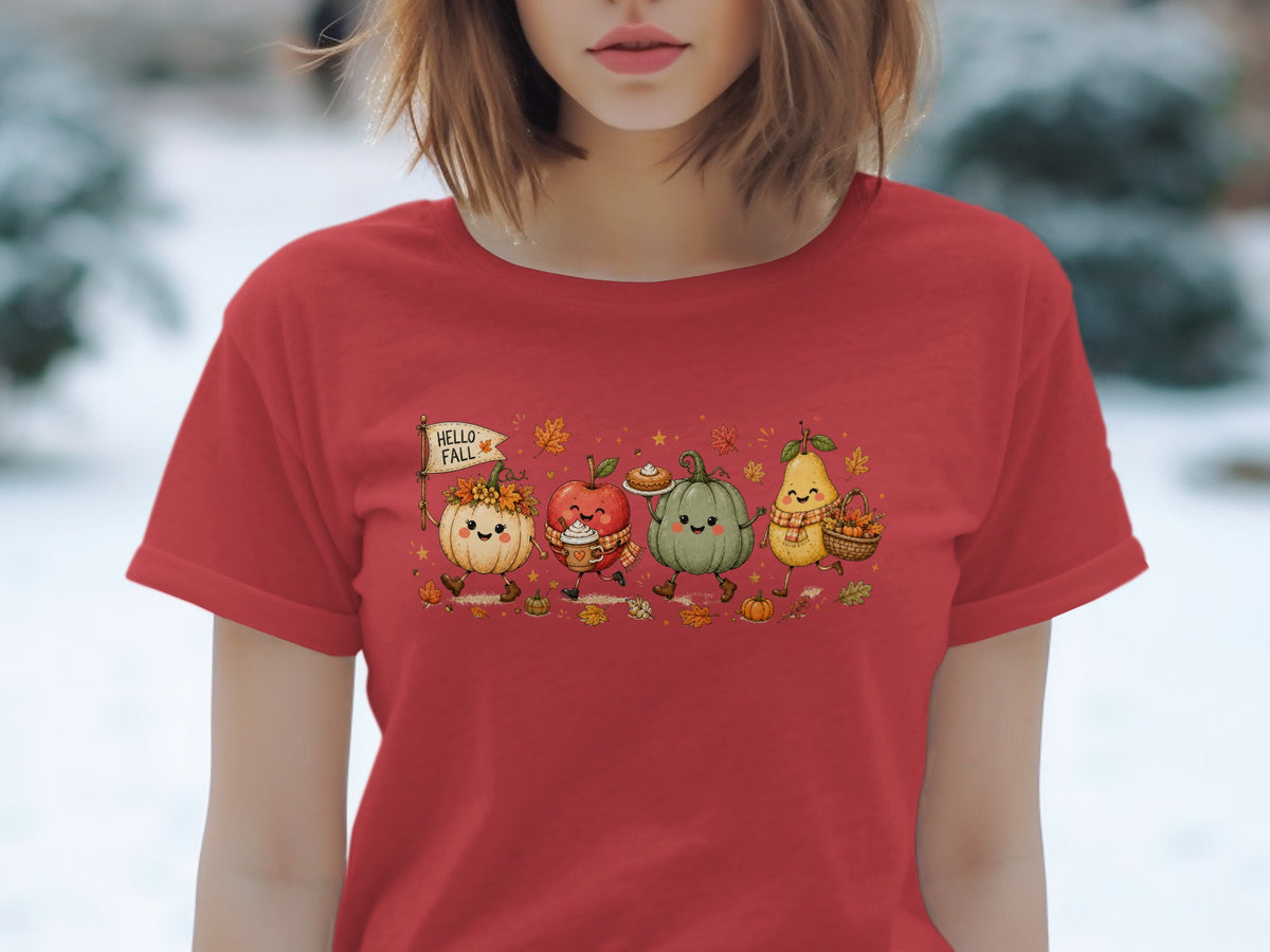 Red t-shirt featuring cartoon fall characters: pumpkin, apple, pumpkin, pear, and "Hello Fall" banner.