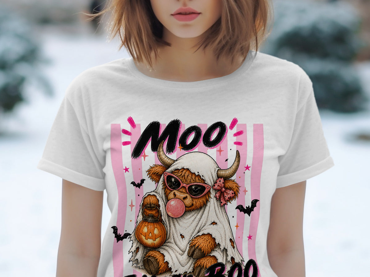 Highland cow in ghost costume with pumpkin lantern and "Moo Boo" text.