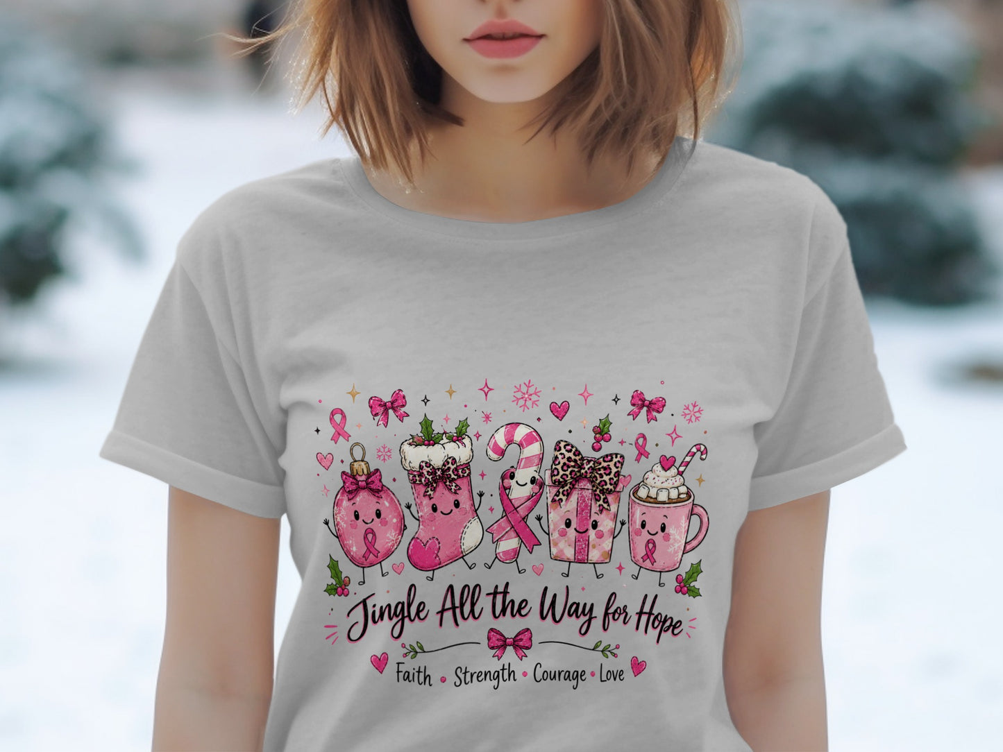 Pink Christmas characters with breast cancer ribbons; text "Jingle All the Way for Hope".