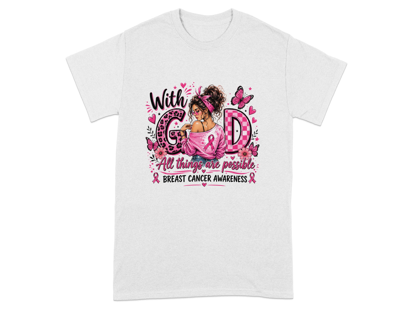 White t-shirt with "With God" and breast cancer awareness theme.