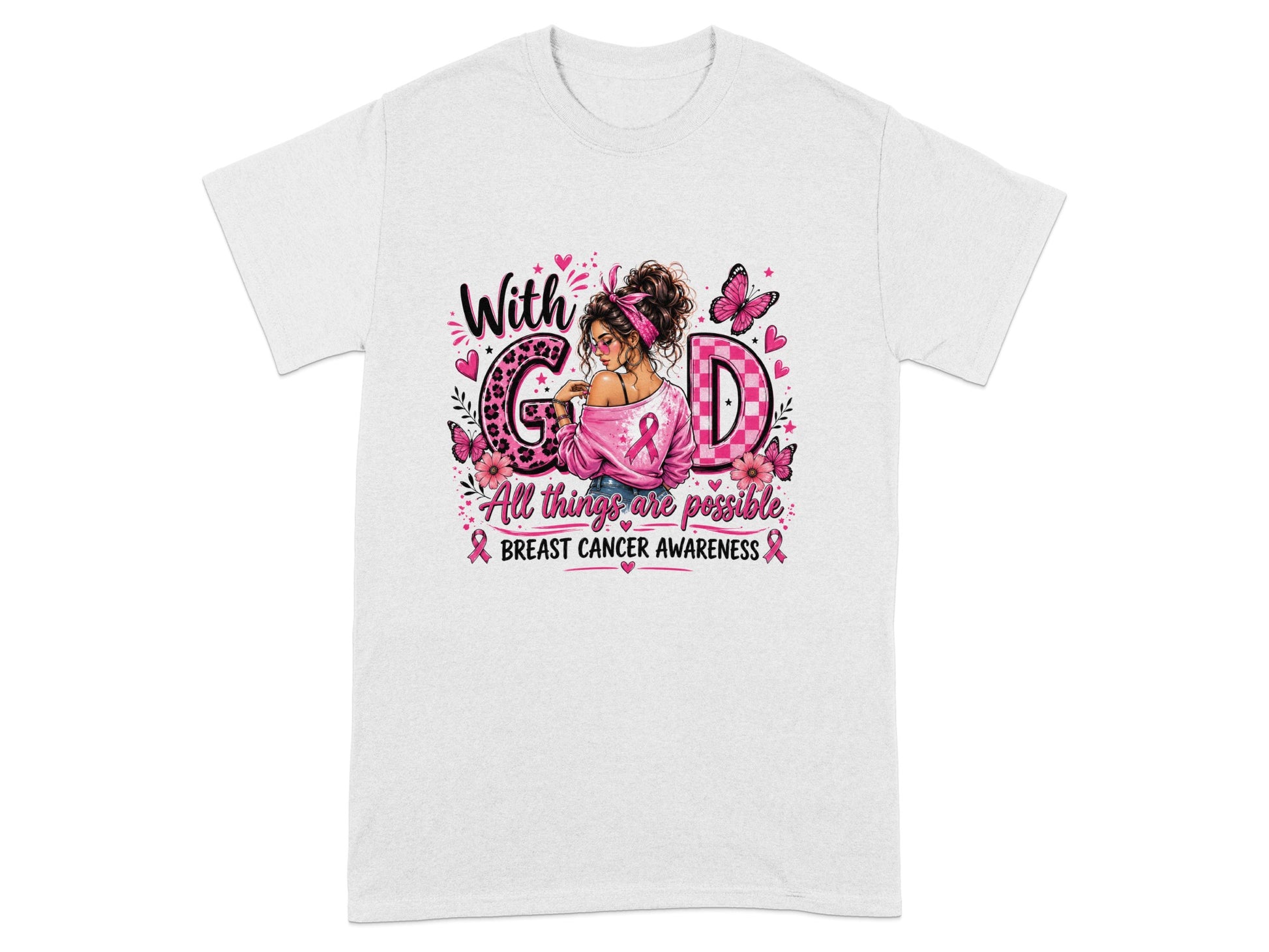 White t-shirt with "With God" and breast cancer awareness theme.
