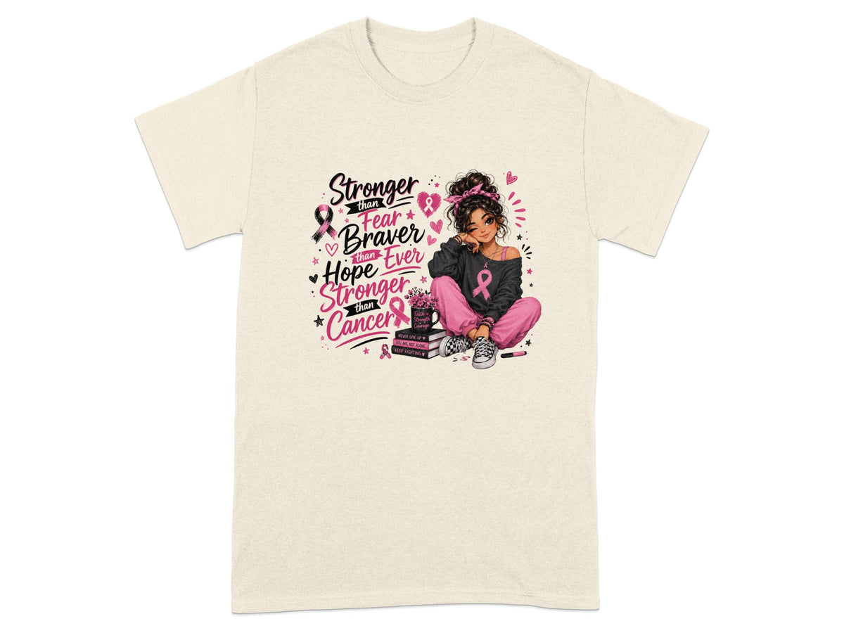 Girl with pink breast cancer ribbons and inspirational text: Stronger than Fear, Braver than Hope, Stronger than Cancer.